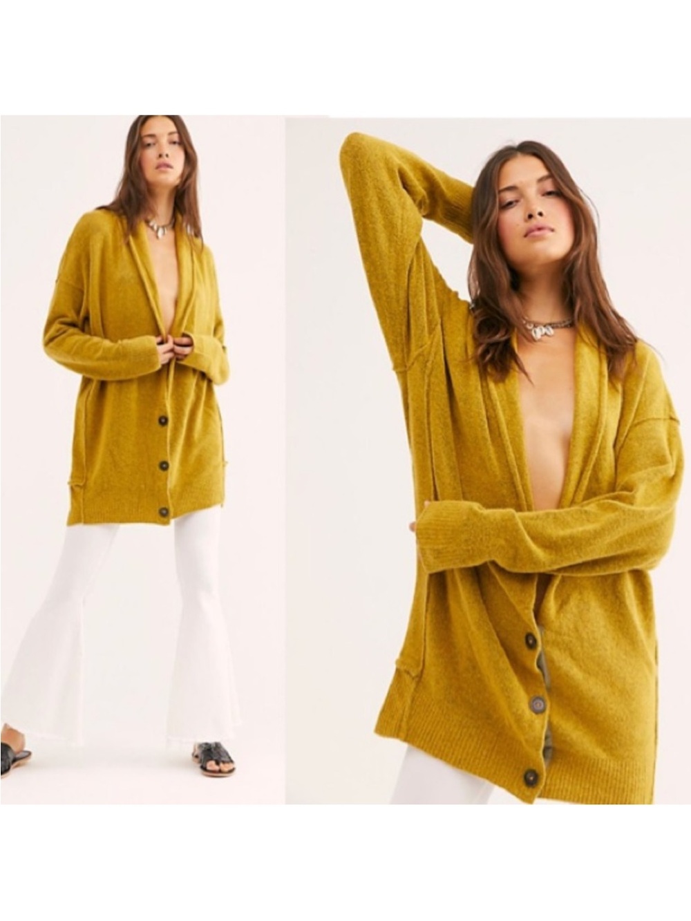 Free People XS Moss Gold Oversized Bouclé Cardigan Sweater Long Open Shawl